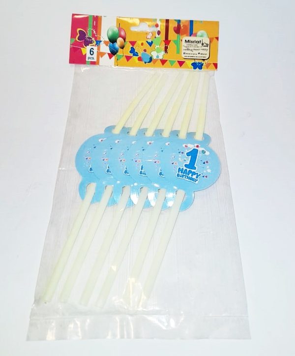 Happy Birthday 1 Year Blue Straws 6 Pcs